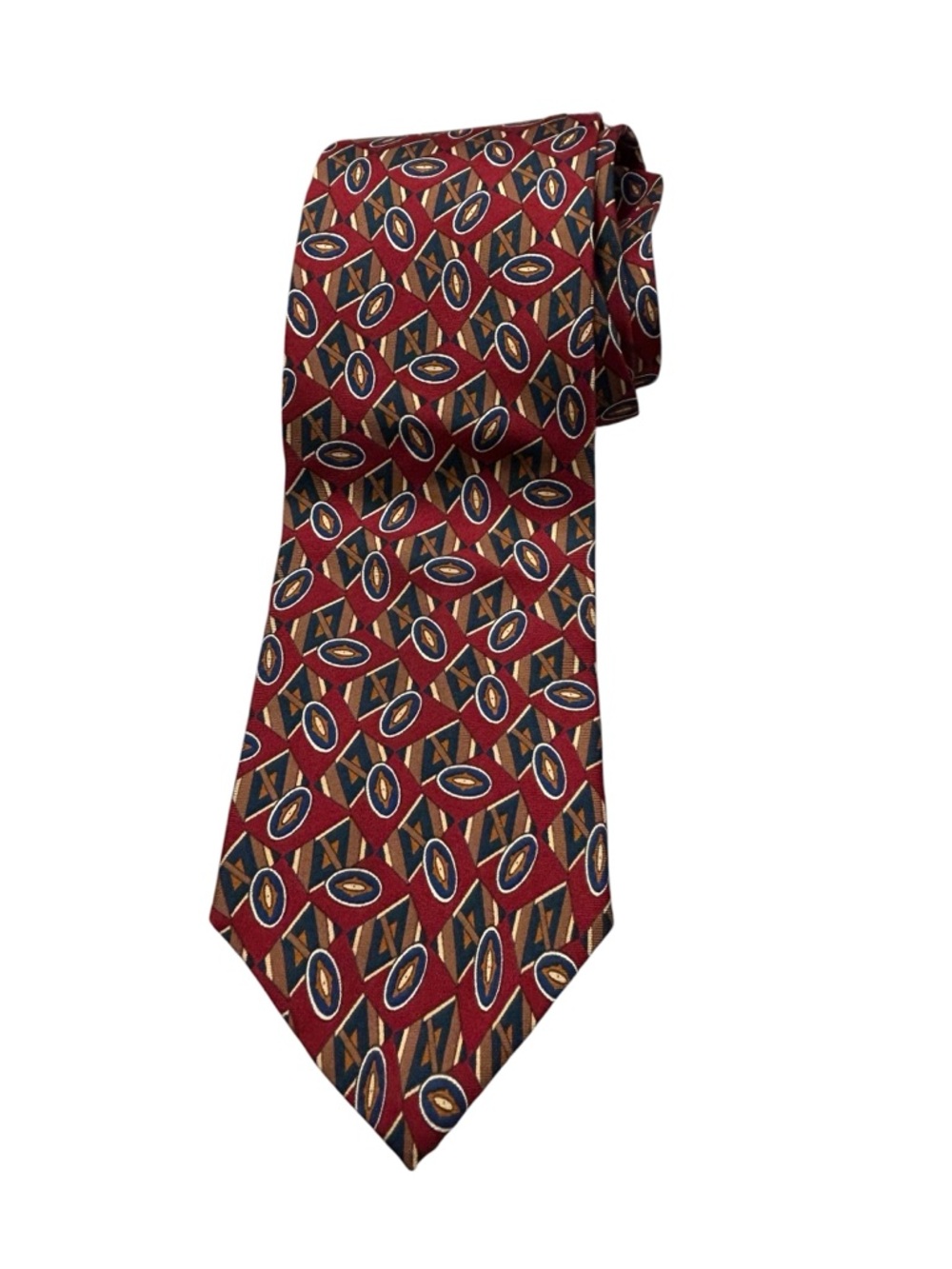 Christian Dior Monsieur Red Geometric Silk Tie with Navy and Tan Accents